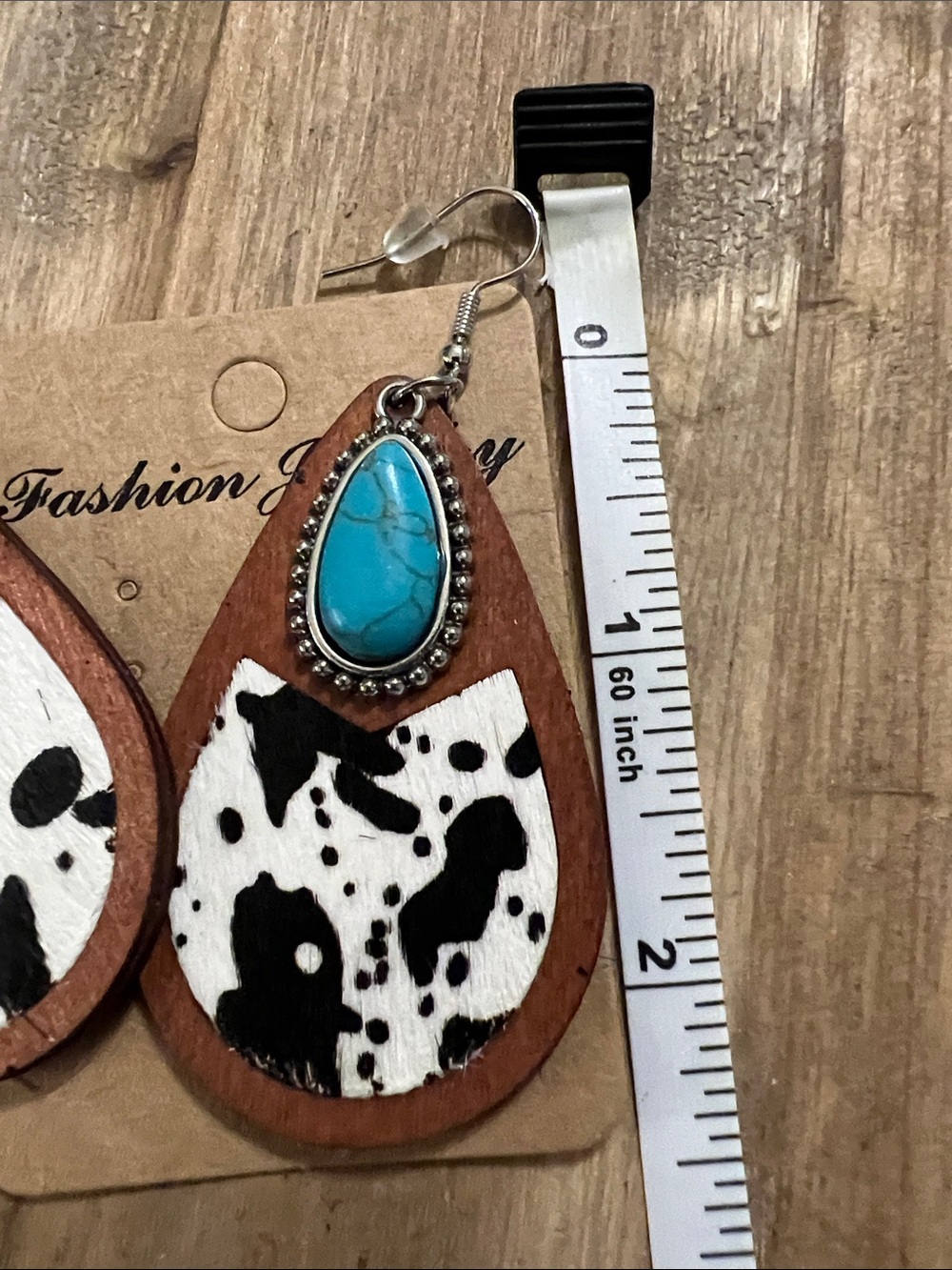 3/$18 Turquoise Teardrop Wood Earrings with Black & White Cow Print Lot 2127 - Picture 4 of 5